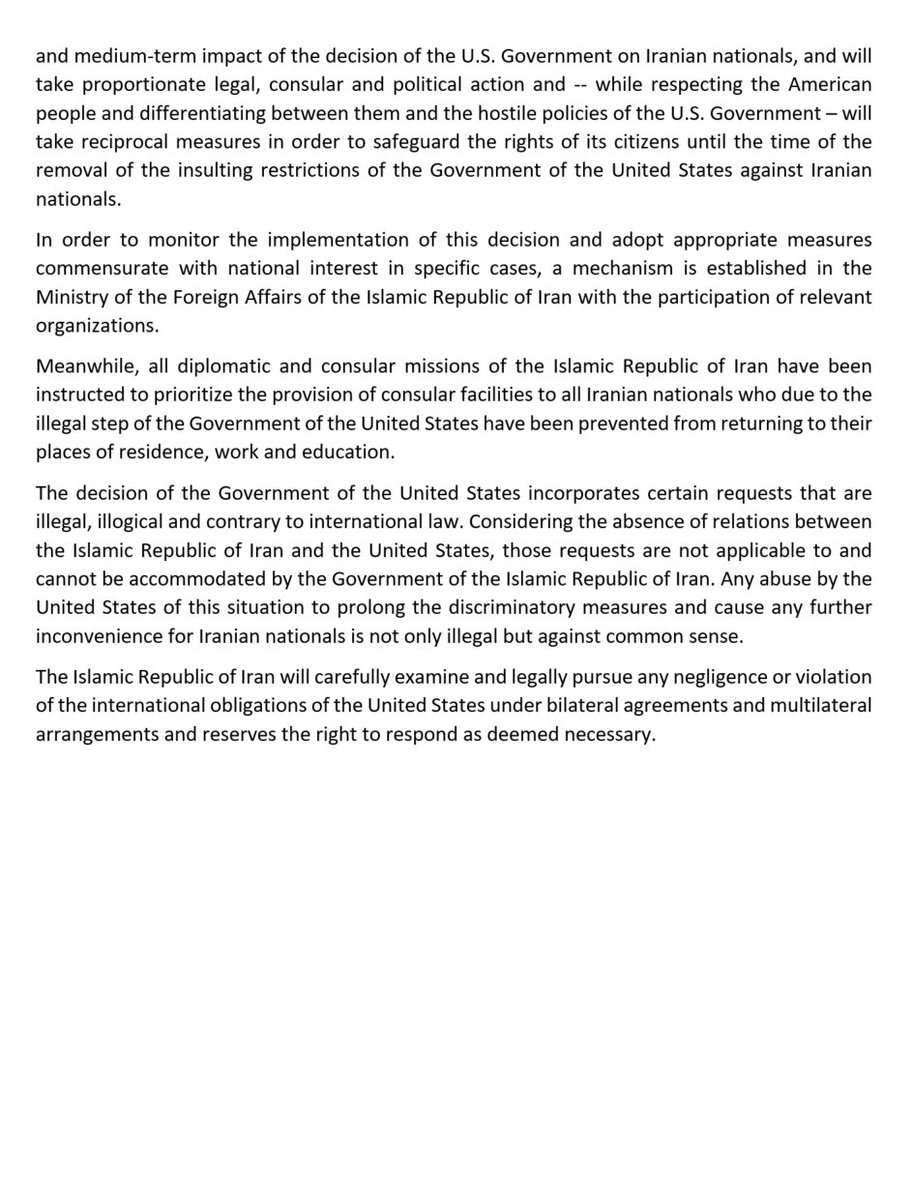JZarif's tweet photo. Full statement of the Ministry of Foreign Affairs of the Islamic Republic of Iran on the #MuslimBan. 6/7 https://t.co/Y3gAxT0B8m