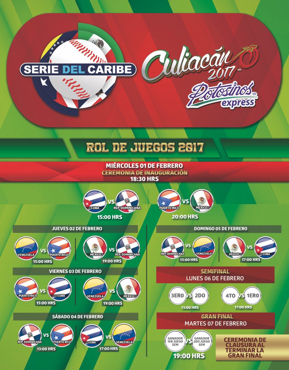 Culiacan2017's tweet photo. Rol de juegos OFICIAL de la Serie del Caribe Culiacán 2017 Potosinos Express 🇨🇺🇩🇴🇲🇽🇵🇷🇻🇪⚾ https://t.co/ve2Na7gIzm