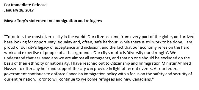 JohnTory's tweet image. My statement on immigration and refugees