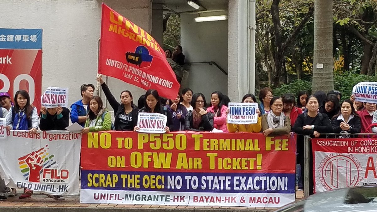MigranteHK's tweet photo. HK OFWs press demand to the Duterte govt to abolish OEC and illegal terminal fee charged to OFWs' airfare #AbolishOEC #JunkP550TerminalFee https://t.co/v5zRQi0RM3