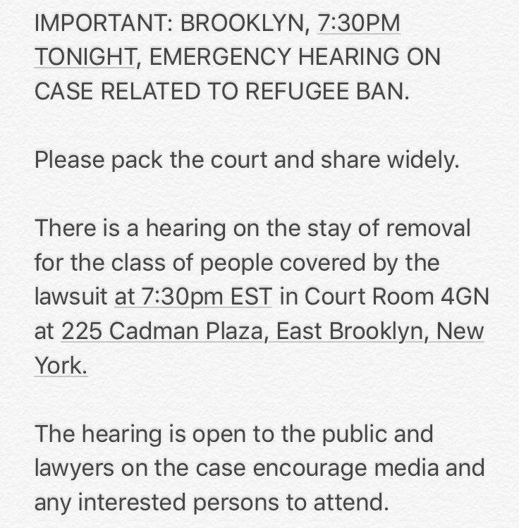 lsarsour's tweet photo. TONIGHT. 7:30pm. Brooklyn, NY. We need you to pack the courthouse for emergency hearing on case related to #MuslimBan. #NoBanNoWall https://t.co/Ow6hYRgocx