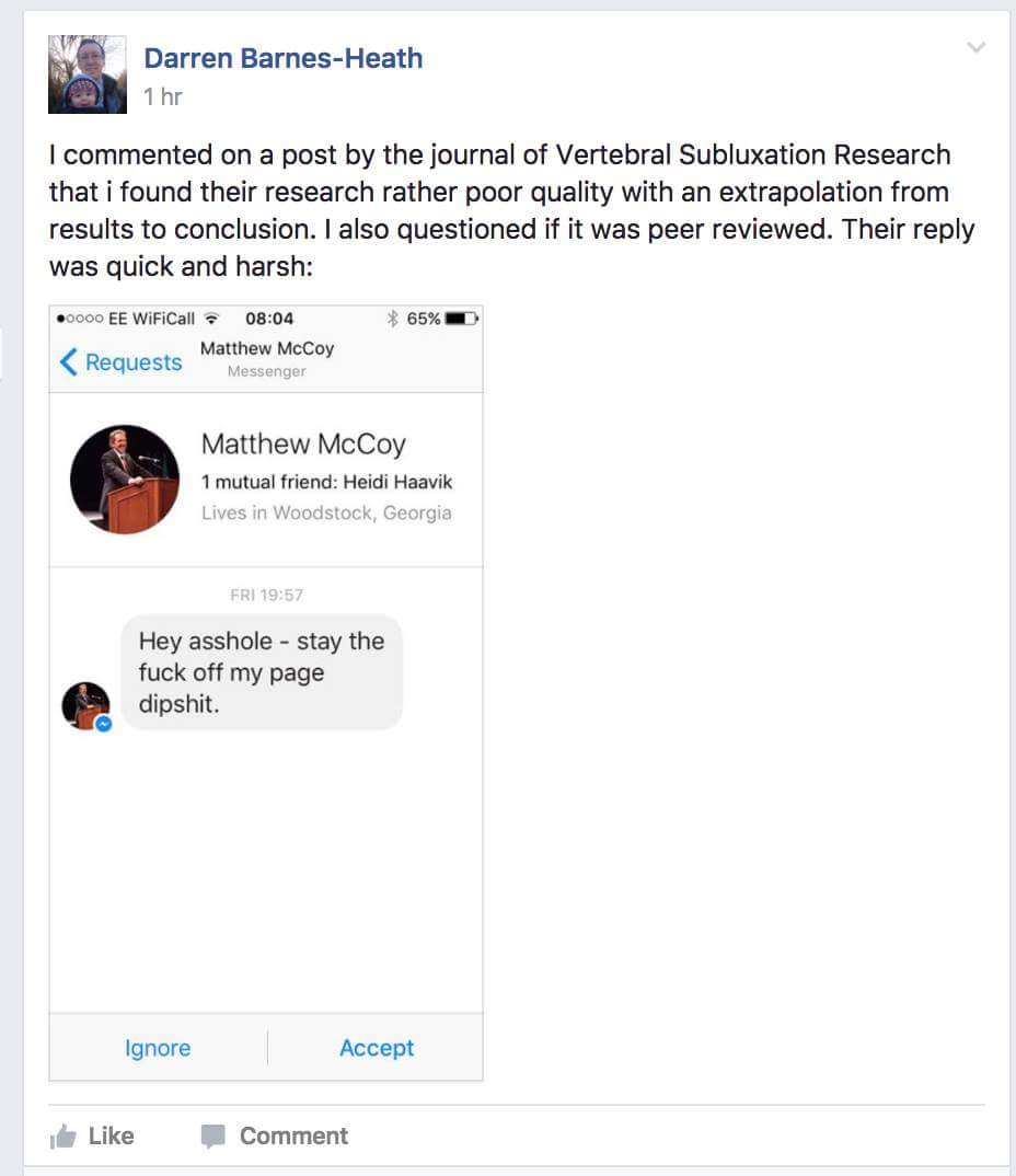 chiroleaks's tweet image. This is how @drmatthewmccoy, editor of the Journal of Vertebral Subluxation Research responds his critics. #fakejournal #fakeresearch
