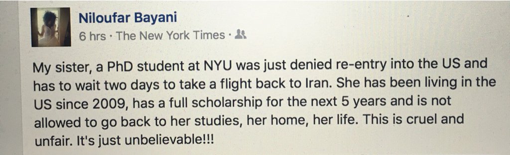 Meet Narges Bayani. A Ph.D student in NYU. Also detained in JFK. Read her sister’s heartbreaking post. #MuslimBan