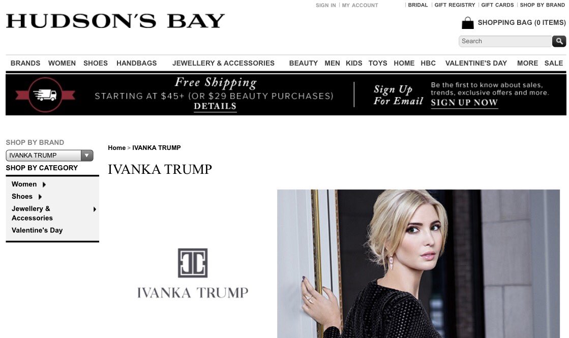 Hey <a href="/hudsonsbay/">Hudson's Bay | La Baie d'Hudson</a>:   You need to stop selling #Trump brand now. Unacceptable, unethical &amp; unCanadian. #WelcometoCanada #GrabYourWallet