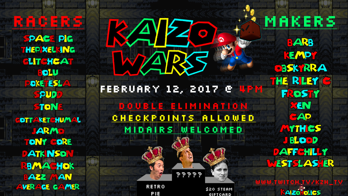 kaizoholics's tweet photo. KAIZO WARS is happening!!!! Slap a Follow on the channel and share the flyer! Race will go Live at 4PM EST on https://t.co/LfdCn9snlz! https://t.co/tUgHhyJhMb