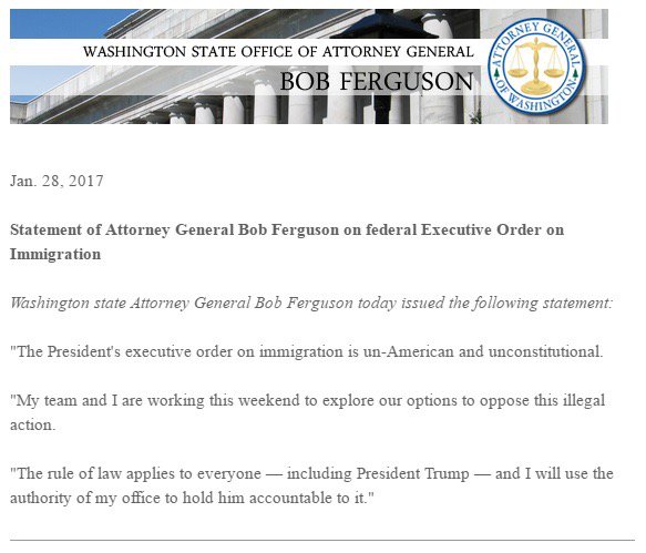 AGOWA's tweet image. AG Ferguson statement on exec order on immigration: