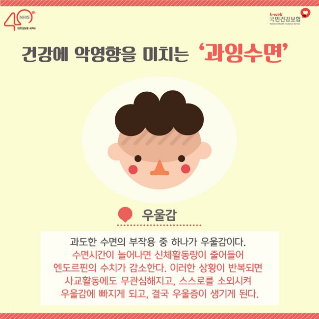 nhis_kr's tweet photo. 오늘 몇시간이나 주무셨나요? 잦은 야근과 스트레스 등으로 쌓인 피로를 풀기 위해 휴일에 몰아서 잠을 잤다면 오히려 건강에 좋지 않다고 해요~ 두통, 우울증, 더 많은 피로감으로 이어지지 않도록 적당한 수면시간을 지켜보세요😴

#과잉수면💤 #국민건강보험 https://t.co/HIhT0JRmQc