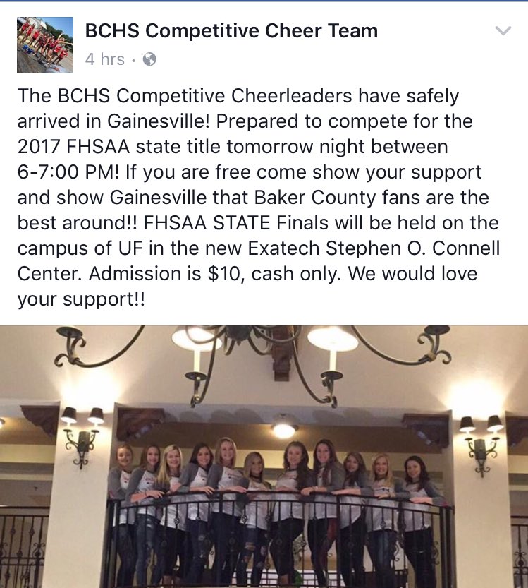 sga_bchs's tweet photo. Tomorrow the Competitive cheer team will be competing in Gainesville for the FHSAA state title! Let's go cheer them on! https://t.co/iiEKWOjCHd