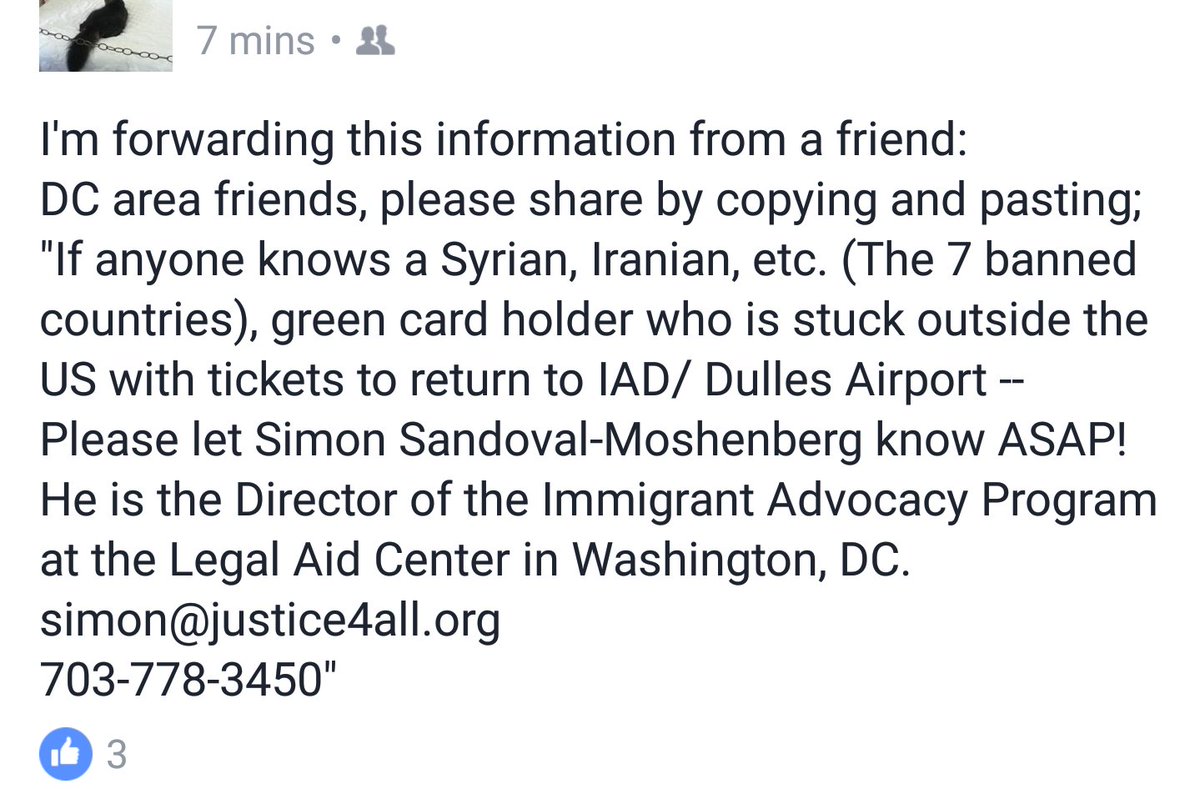 sarahkendzior's tweet photo. From a friend of mine in DC. If you know a green card holder at Dulles that needs help, get in touch #NoBanNoWall #Dulles https://t.co/FRrhm9e0Pn