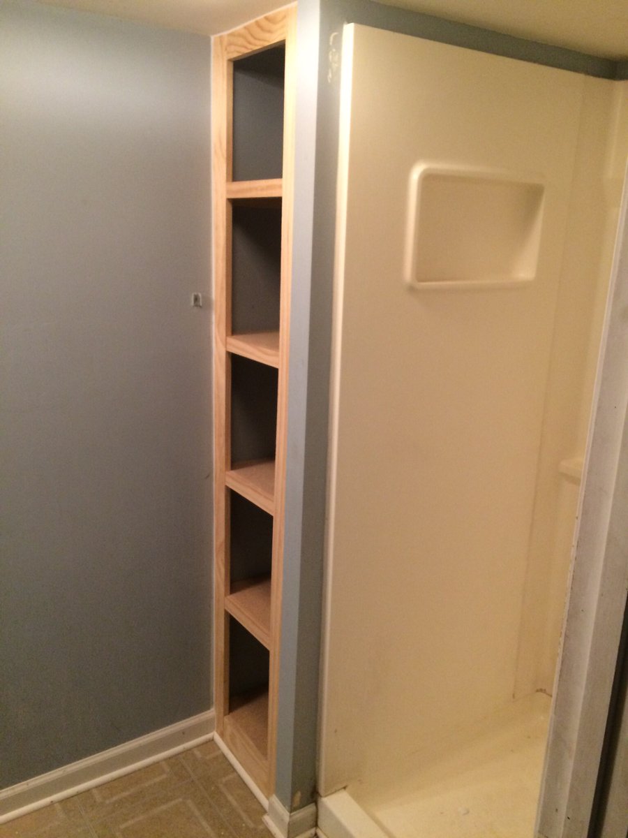 weissinnovation's tweet photo. Custom linen cabinet built between 2 walls in a bathroom. Previous wasted space was transformed.  Just needs paint and a door. #handyman https://t.co/3uj9rdu9bz