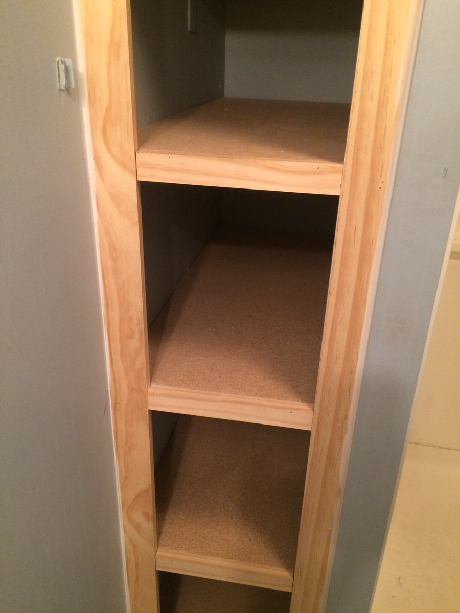 weissinnovation's tweet photo. Custom linen cabinet built between 2 walls in a bathroom. Previous wasted space was transformed.  Just needs paint and a door. #handyman https://t.co/3uj9rdu9bz