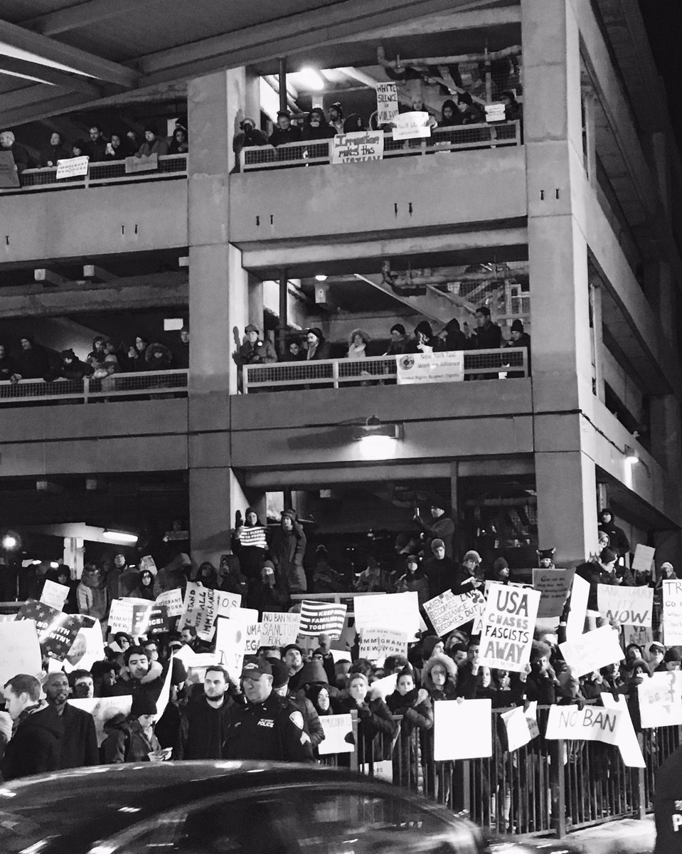 debbiefongdraws's tweet image. More from tonight's protest #JFKTerminal4 #NoWallNoBan