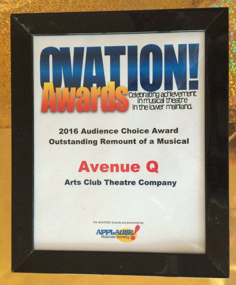 The 2016 Audience Choice Award for Outstanding Musical Remount is Avenue Q, presented by <a href="/theArtsClub/">Arts Club Theatre Company</a>. #OVawards