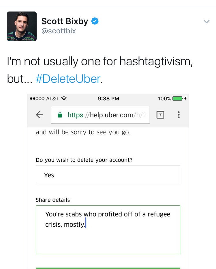 JoshButler's tweet photo. Scores of people are deleting Uber after the company serviced rides at JFK airport while taxis were striking against muslim ban #deleteuber https://t.co/D8cJMlxOxQ