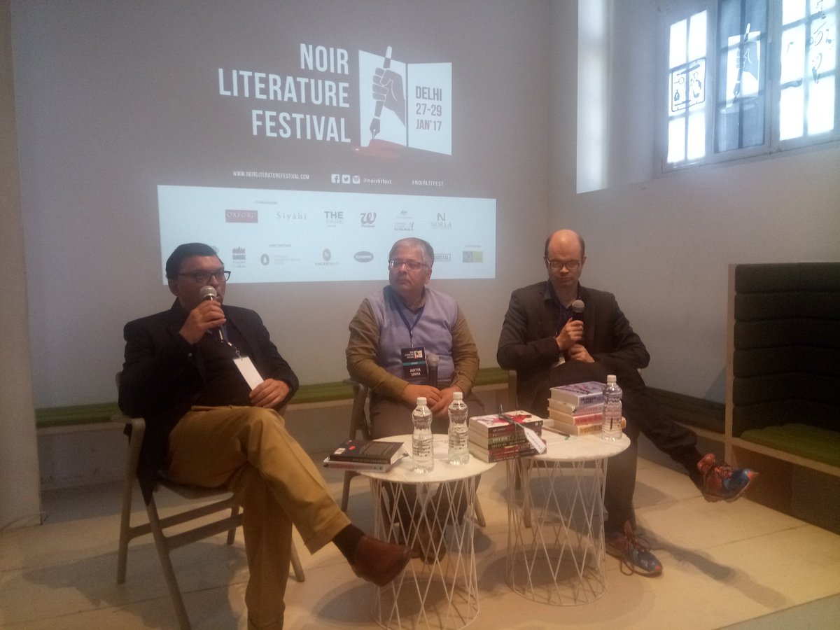 noirlitfest's tweet photo. "Private I" @AbheekHDFCBank, @HansOlavLahlum in conversation with @autumnshade at the #NoirLitFest @oxfordbookstore #NLF2017 https://t.co/4WHaeiBabR