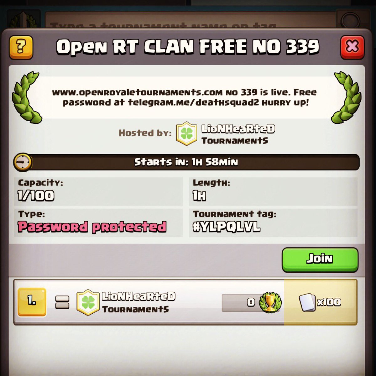 Password on our website:
openroyaletournaments.com

Password will be changed every 5
minutes, so no one leaks ❤️