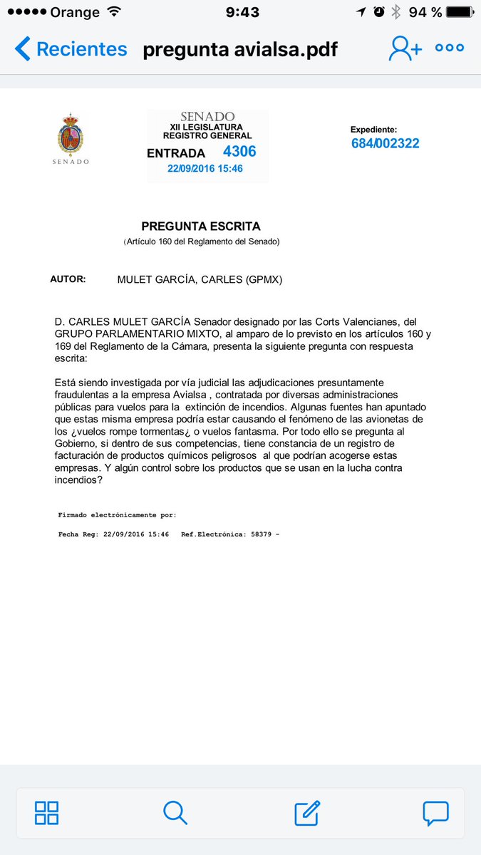 Se está investigando la concesión fraudulenta a la empresa Avialsa para extinciones de incendios. Se ha apuntado a que estas avionetas podrían estar usándose en vuelos rompetormentas o vuelos fantasma. Se pregunta al gobierno si se ha hecho algún pedido de productos químicos peligrosos.