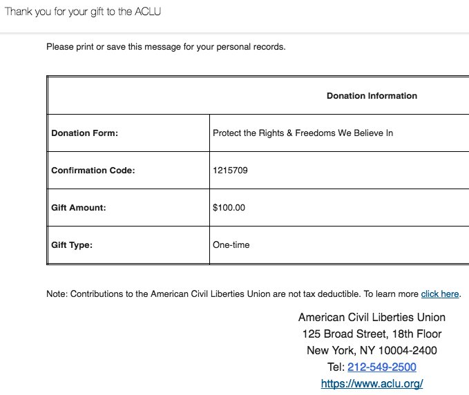 SHALYmai's tweet photo. @sia @sacca @cabel @stevenf @command_tab @Rosie @jackantonoff @JuddApatow Thank you for matching donations to @ACLU! My receipt's attached. https://t.co/gDCYmJEJRo
