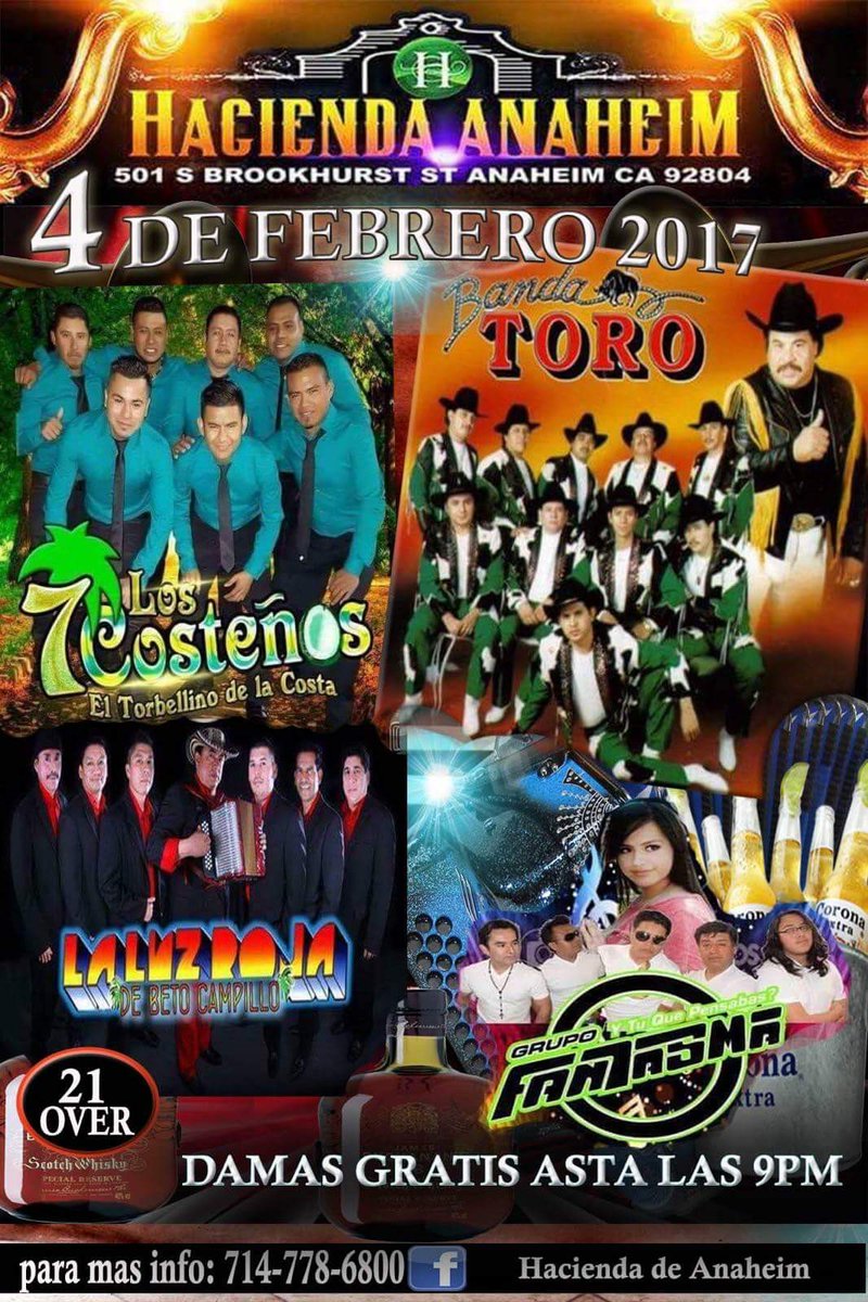 haciendanight's tweet photo. SABADO 4 DE FEBRERO DAMAS GRATIS b4-9:30PM 
CON BANDA TORO-LUZ ROJA  714 778 6800
#bandatoro #haciendadeanaheim 
#gratisgratisgratis https://t.co/ZoGPIRlaJe