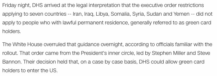 liamstack's tweet image. One detail of this chaos: Bannon &amp;amp; Miller overruled Homeland Security to insist that green card holders be banned cnn.com/2017/01/28/pol…