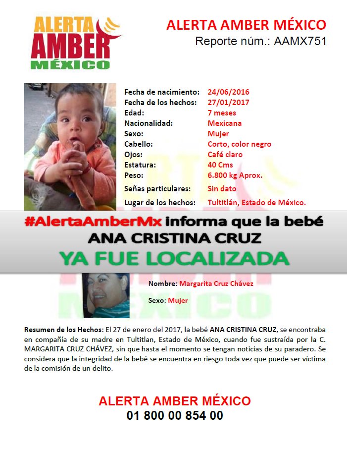 AAMBER_mx's tweet photo. Agradeciendo su apoyo #AlertaAmberMx informa que la bebé ANA CRISTINA CRUZ de 07 meses de edad, ya fue LOCALIZADA. https://t.co/WtHUNYqXse