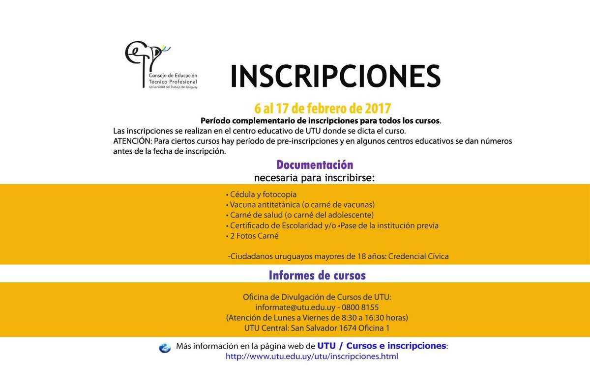 UTU_Uruguay's tweet photo. Período complementario de inscripciones en #FEBRERO
▶️ Oferta educativa: https://t.co/AJJHnU98nQ
▶️ Centros de UTU: https://t.co/42QhqUzljv https://t.co/auBjBGxggV