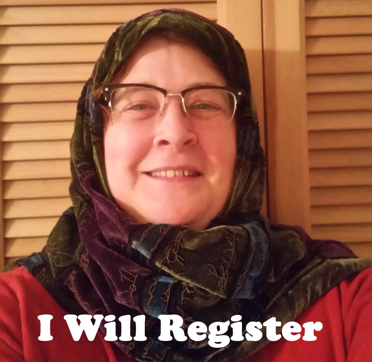 DumpsterDiver33's tweet photo. This WiccanPaganBuddhistPastafarian just learned how to put on a proper triangle head scarf. #IWillRegister https://t.co/bOPyB9RBKK
