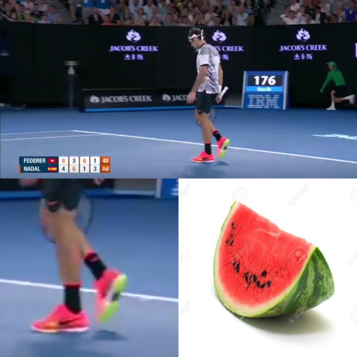 caseyblundell's tweet photo. So absorbed in this cracking game then all I can see is watermelon shoes. #ausopen #fantasyfinal #rafaroger https://t.co/7dEL50DU5R