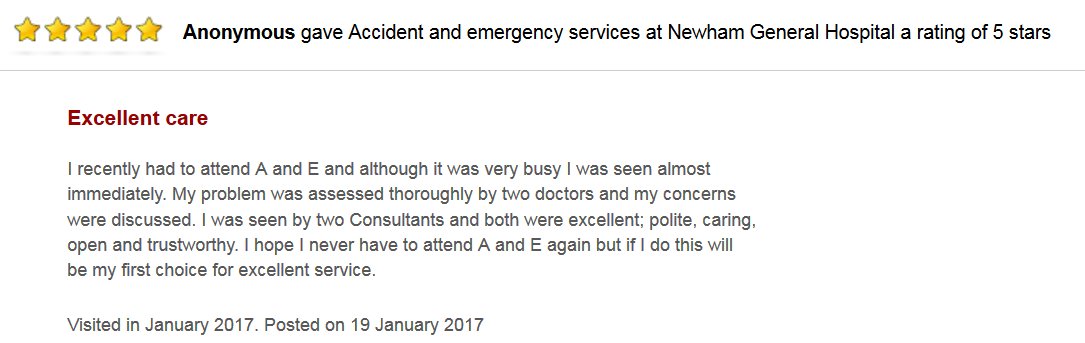 NHSBartsHealth's tweet photo. "I hope I never have to attend A&amp;E again but if I do this will be my first choice" - a recent 5 star patient review of Newham A&amp;E! 🌟🌟🌟🌟🌟 https://t.co/GmLsekierm