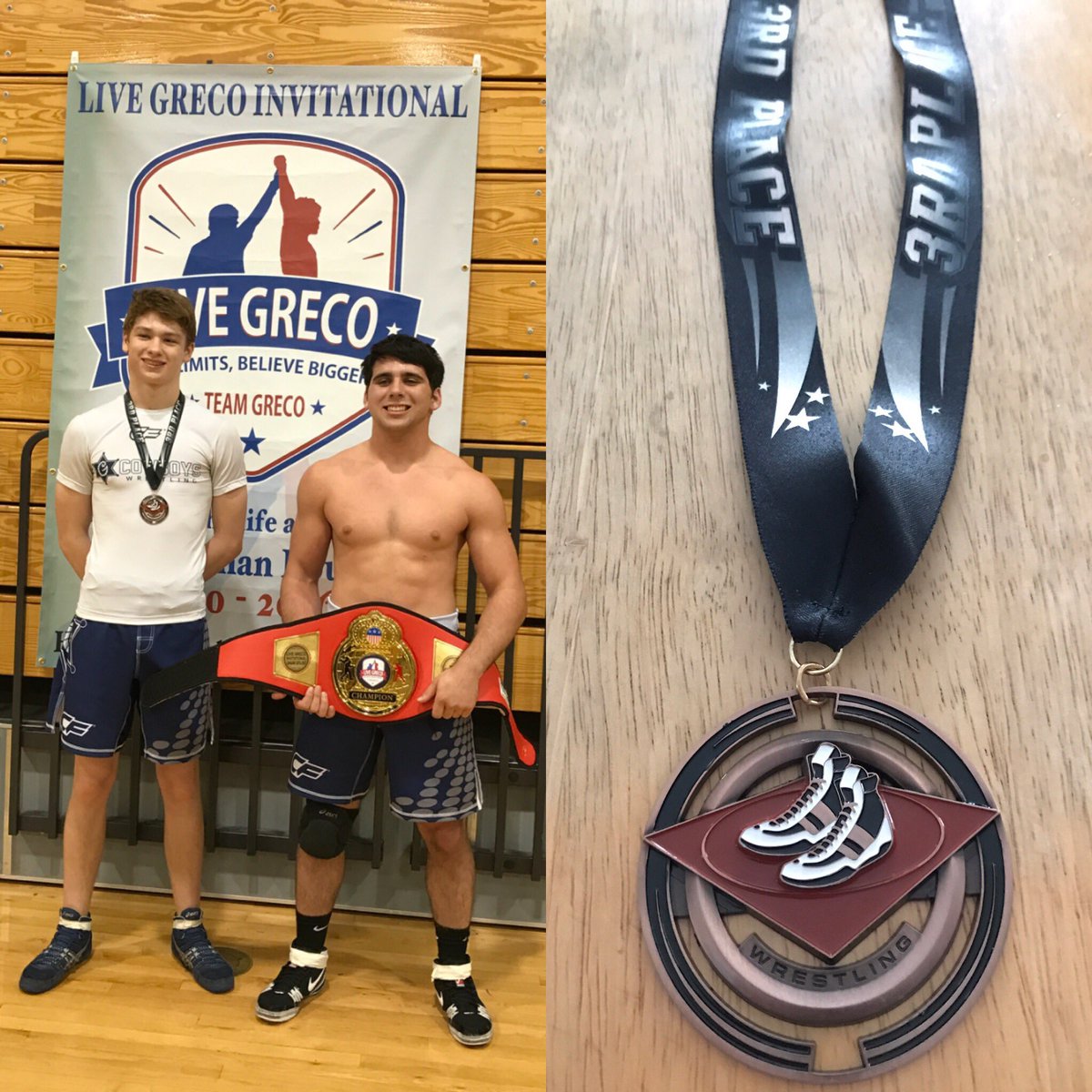 LoganLavo's tweet photo. Took 3rd at the Live Greco Invitational yesterday, and my teammate @BBolesta won the championship belt at 182. #wrestling #livegreco https://t.co/U3Vzke9om3