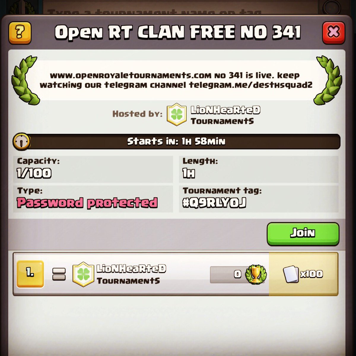 Password on our website:
openroyaletournaments.com

Password will be changed every 5
minutes, so no one leaks ❤️