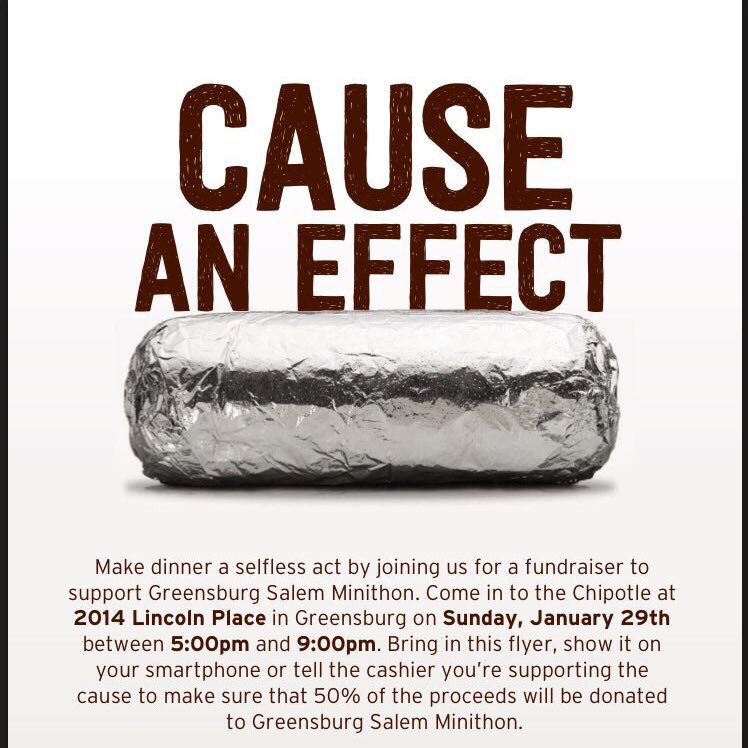 GSMiniTHON's tweet photo. Don't forget to stop by Chipotle today from 5-9pm! Mention us and 50% of your check will be donated to GS Mini-THON! #FTK 💠🎗 https://t.co/0ssuYQFt5D