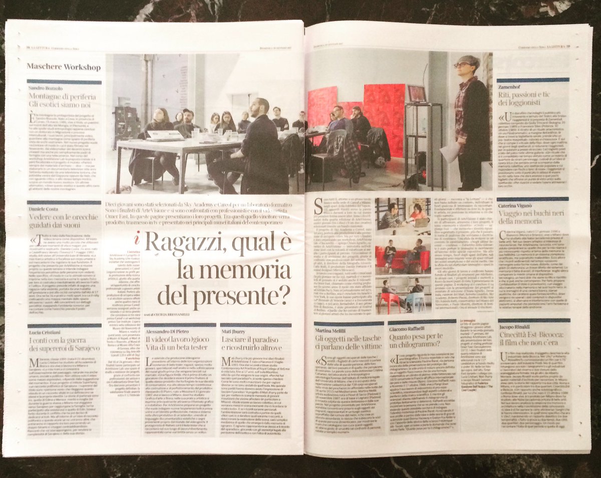 LaraFacco's tweet photo. Ragazzi qual è la memoria del presente? Oggi @cecicecia su @La_Lettura dedica 2 pagine ai finalisti di #ArteVisione #Sky @Careof_ @SkyArteHD https://t.co/lTTxbJO1le