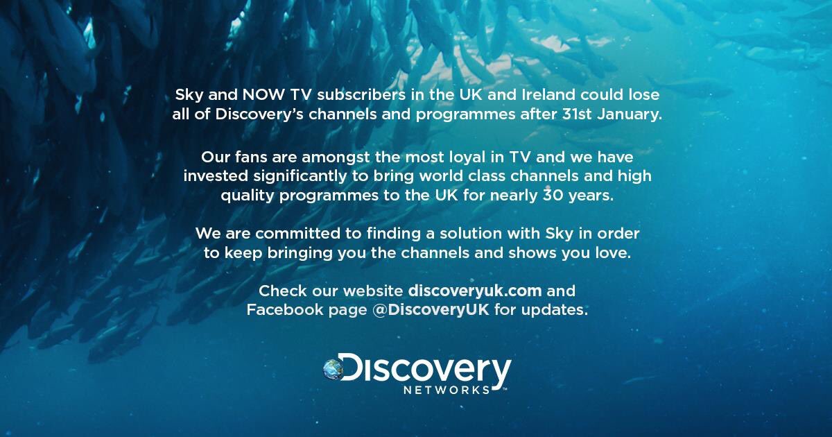 VickiSim1's tweet photo. @SkyHelpTeam #keepdiscovery
We will say goodbye @SkyUK and hello to @virginmedia or @BTTV if this happens! Most shows I watch are discovery! https://t.co/RrmtFnwgGU