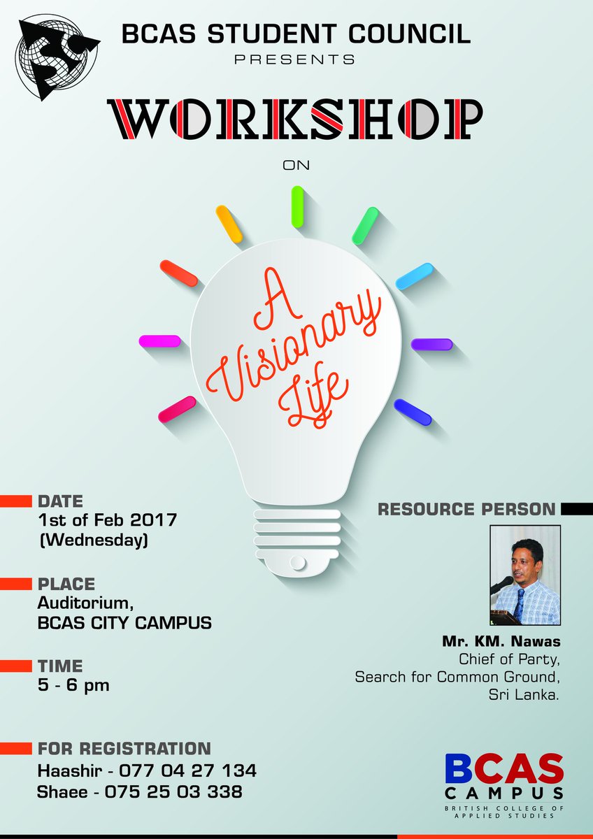 BCASSC's tweet photo. If anyone needs to Register to the workshop on "A Visionary Life". Please send WS <space> your name &amp; Student ID to,
0770427134/0752503338 https://t.co/GMfxH8WuZh