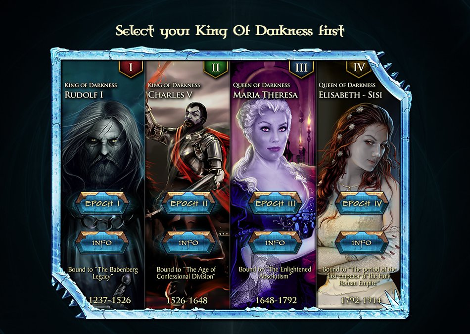 VEmpireGame's tweet image. After a big update, here is the new &quot;King Selection&quot; screen in VEmpire! #DeckBuilder #ClassSelection #Strategy