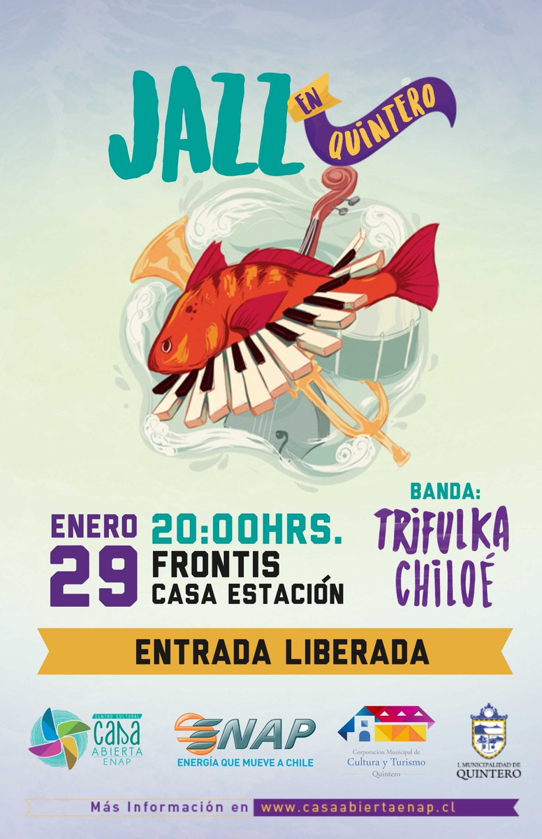 CasaAbiertaENAP's tweet photo. Hoy a las ⏰20:00hrs. se presenta el grupo #Trifulka de Chiloé en la Casa Estación de la @CCulturaQtro 🎼🎹🎷🎷 #Jazz en #Quintero ¡Gratis! https://t.co/RoHpKuiQ1a