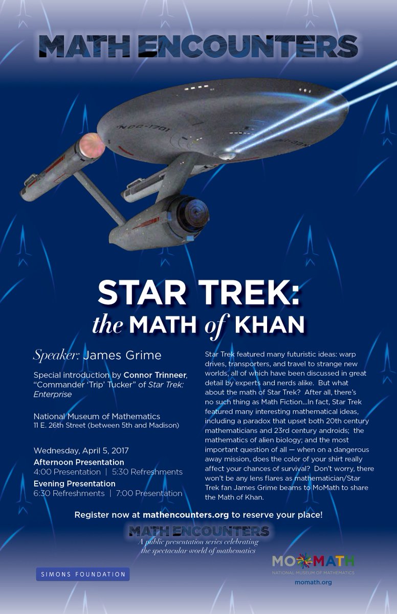 James Grime (@jamesgrime) on Twitter photo I'll be talking about Star Trek (because I am cool) at <a href="/MoMath1/">National Museum of Mathematics</a> New York on April 5th, 4pm and 7pm. Register here in.momath.org/civicrm/event/… I'll be talking about Star Trek (because I am cool) at <a href="/MoMath1/">National Museum of Mathematics</a> New York on April 5th, 4pm and 7pm. Register here in.momath.org/civicrm/event/…