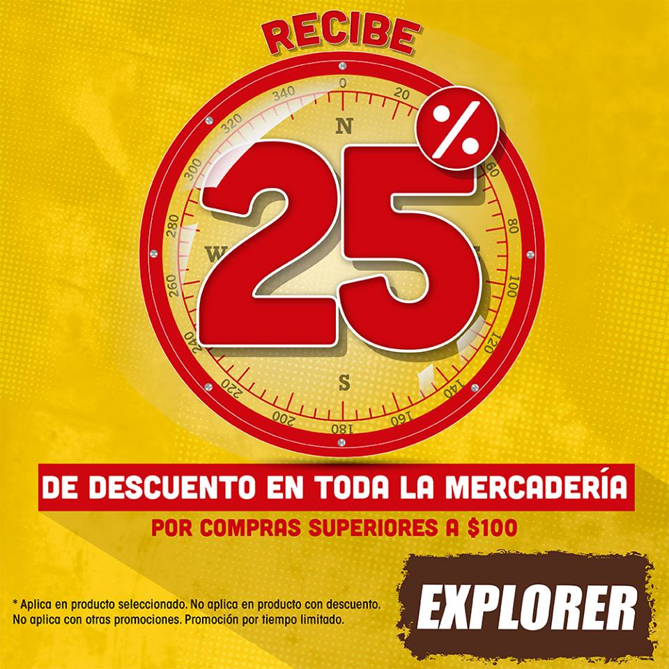 ExplorerEcu's tweet photo. Visita nuestros locales y recibe el 25% de descuento en toda la mercadería por compas superiores a $100.

Explorer Ecuador https://t.co/Qiai6pQBvw