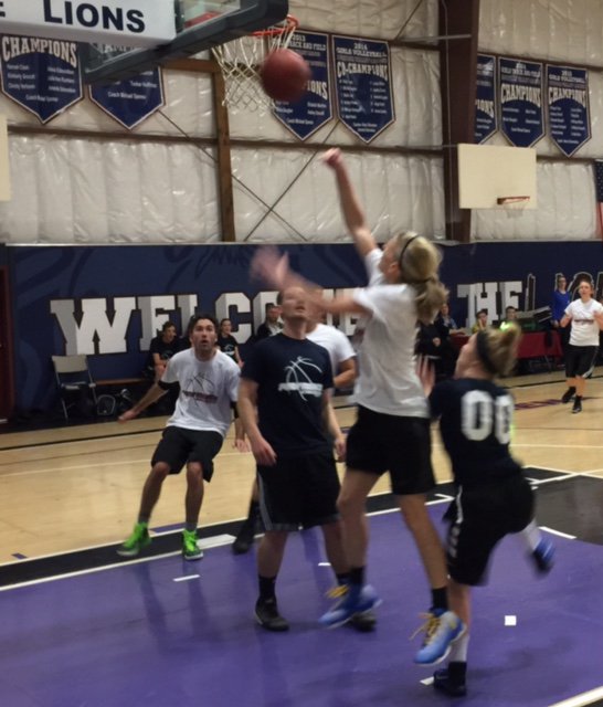 GREAT TIME at Providence Alumni / Staff BB game Sat. to cap off Homecoming Week.  Here, Sophia Vander Dussen puts it up from underneath ...