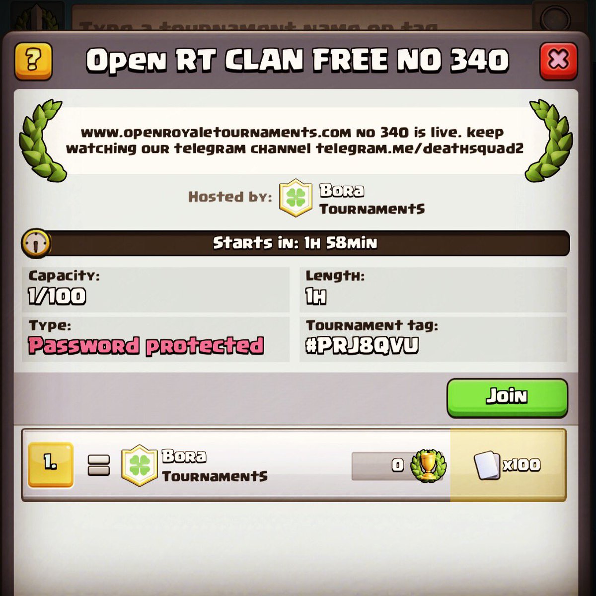 Password on our website:
openroyaletournaments.com

Password will be changed every 5
minutes, so no one leaks ❤️