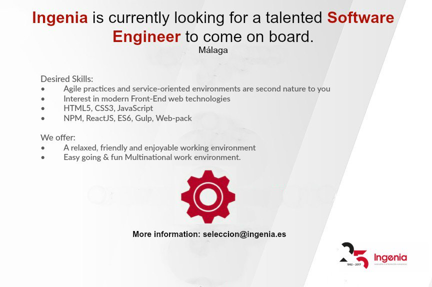 Ingenia_es's tweet image. @Ingenia_es is looking for a Software Engineer #frontend #seniorJava #empleoMálaga ow.ly/A0wK308kNlL
