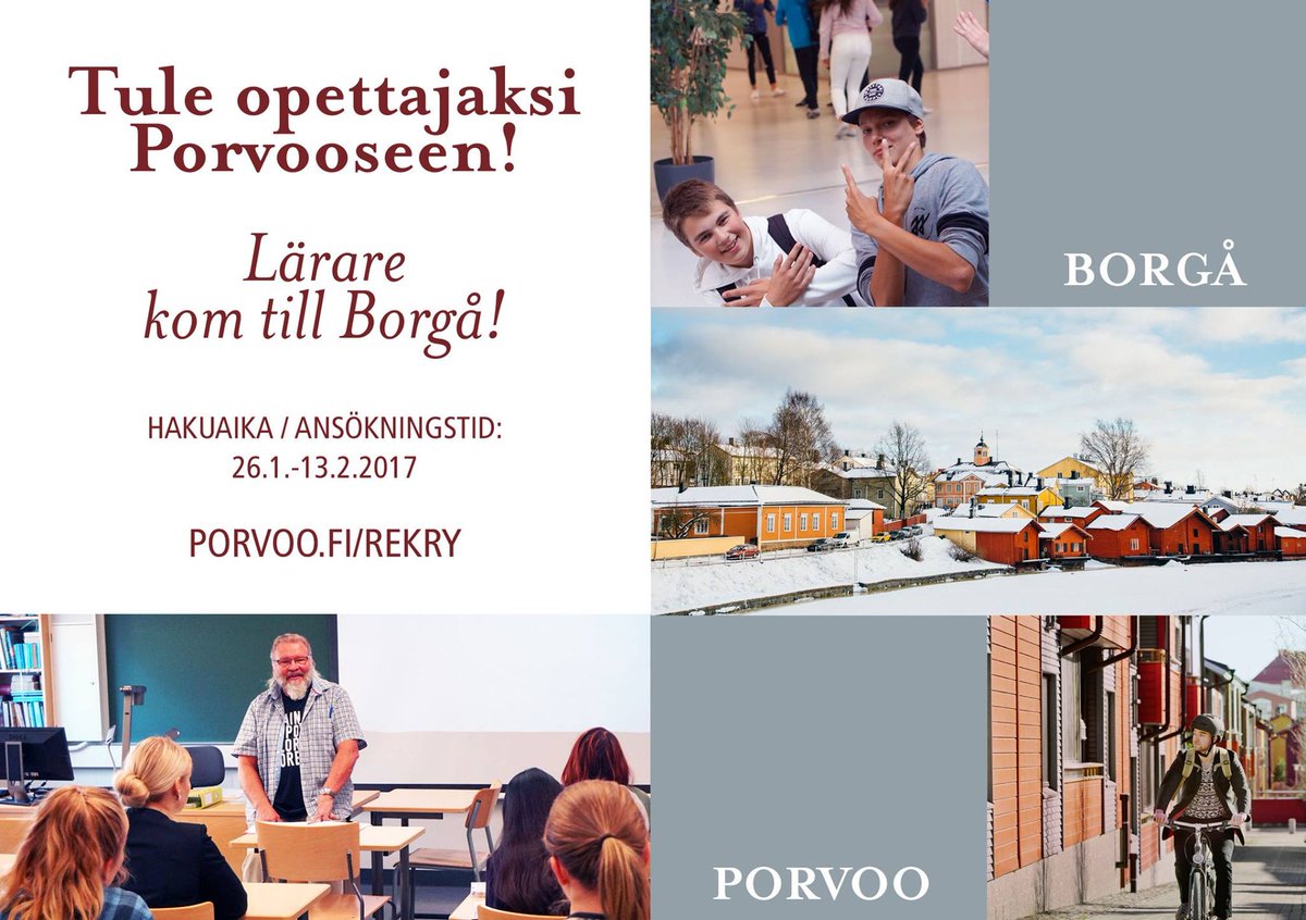 annika_palmgren's tweet photo. #Porvoon kaupunki hakee #rehtoria ja #opettajia. #Rekry on käynnissä, 
#Borgå stad söker en #rektor och #lärare. #Rekryteringen pågår. https://t.co/rh179WUCh6