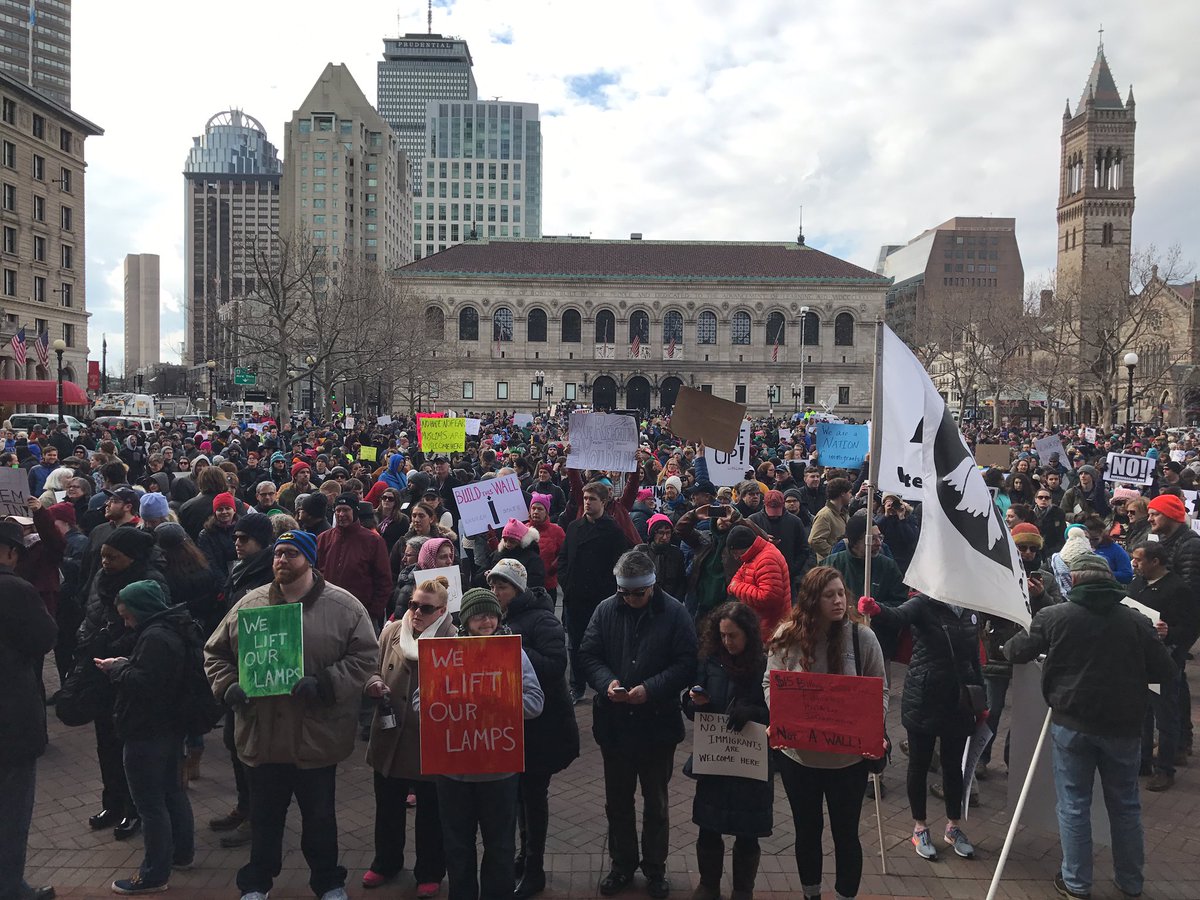 NECN's tweet image. Boston's Copley Square packed for rally against Trump travel clampdown.