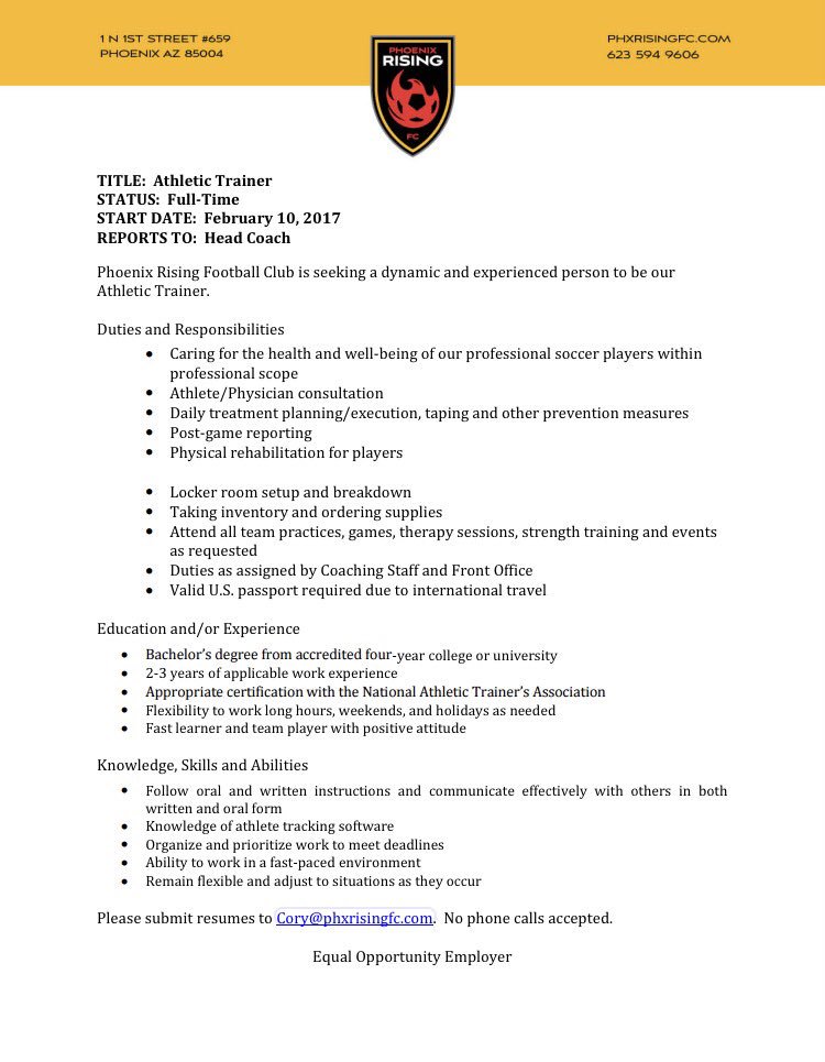 SoccerATSociety's tweet image. .@PHXRisingFC, a USL team in Phoenix, AZ, is hiring for a Head Athletic Trainer.  Details attached