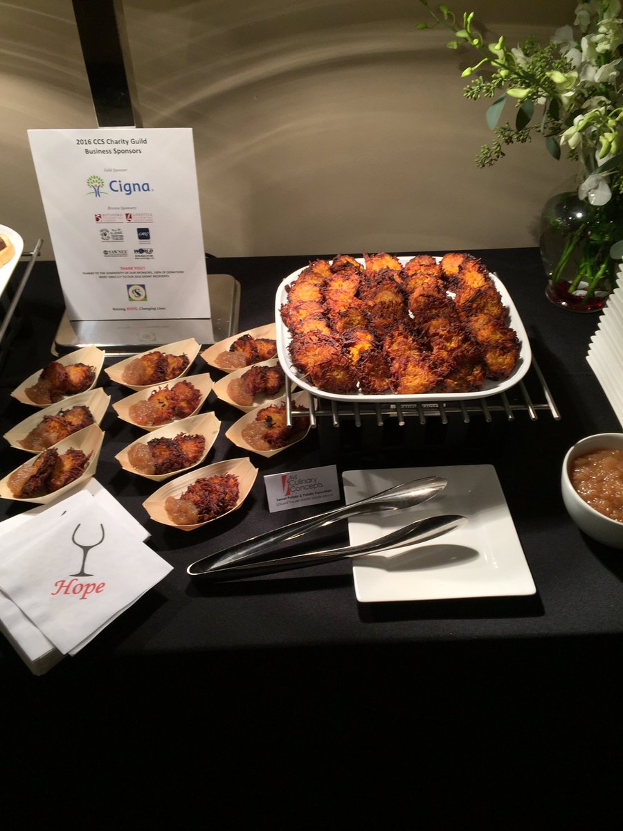 ASCulinary's tweet photo. Potato and Sweet Potato Pancakes, Chocolate Bread Pudding, and Avocado and Crab Shots with Chipotle Aioli at the CCS Charity Guild Event https://t.co/03UwcgOM91