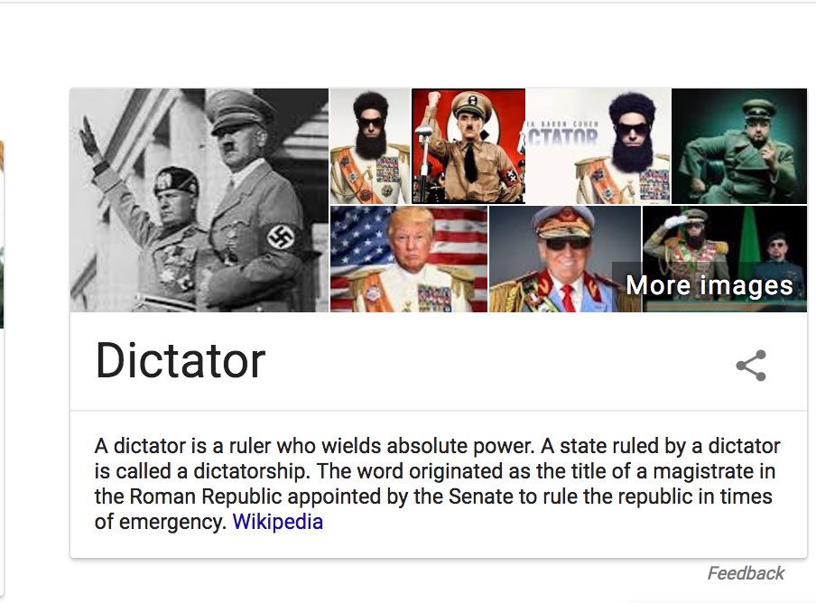 McJesse's tweet photo. When you Google "Dictator" you get pics of Hitler, Trump, and Sacha Baron-Cohen. On point. https://t.co/N2TU2mM7Eh
