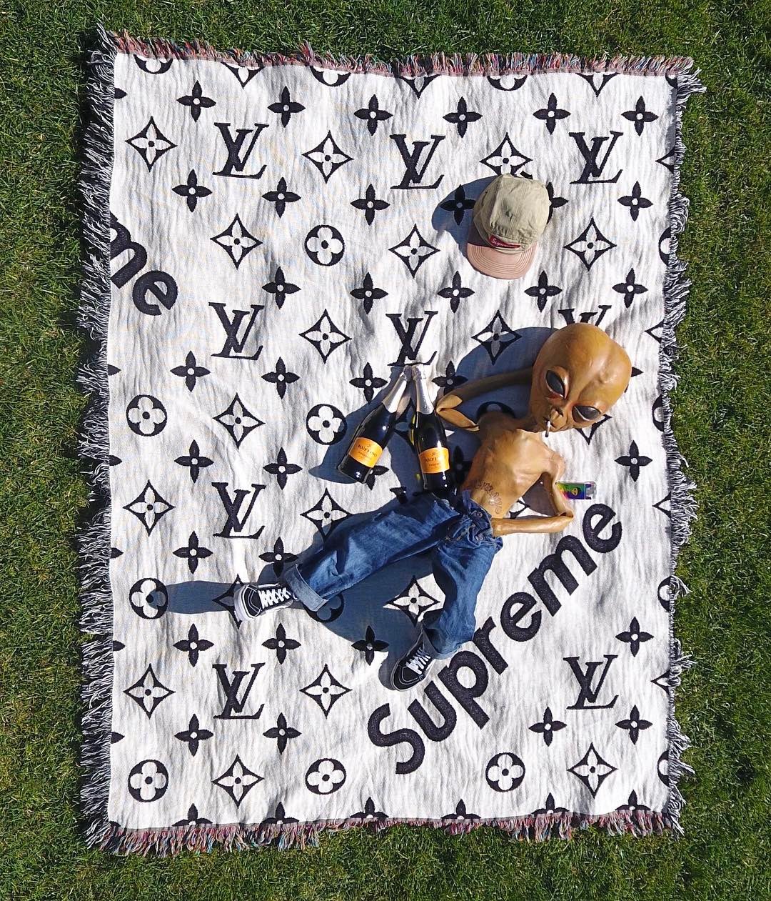 HYPEBEAST on X: .@LILMAYO with the Supreme x @LouisVuitton blanket early   / X