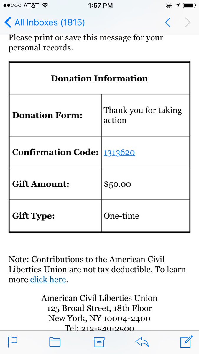 LorienShaw's tweet photo. @sacca @Grimezsz @Sia  My ACLU receipt! Thank you, you all kick ass! https://t.co/sxXwoUJgcG