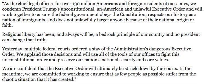 16 state AGs from NY, CA, PA, WA, MA, HI, VA, OR, DC, CT, VT, IL, NM, IA, ME &amp; MD issue statement on ban